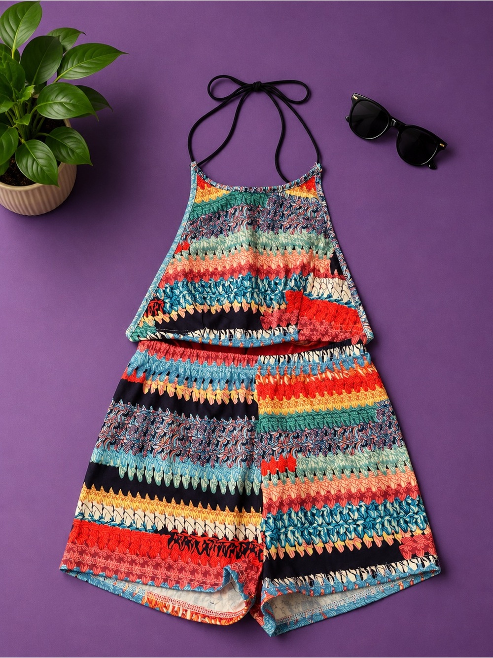 Colorful Crochet-Style Halter Romper